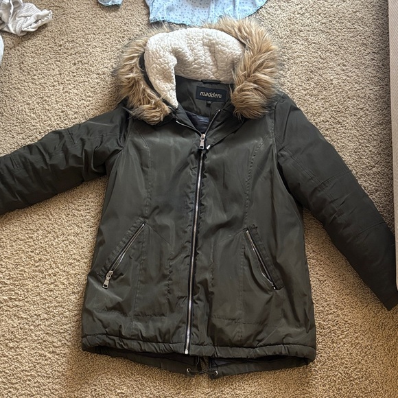 Madden Nyc Jackets & Blazers - Madden Olive Green Hooded Puffer Jacket with Faux Fur Trim